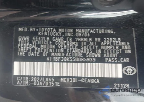 2005 Toyota Camry Xle V6 z USA, uszkodzony, nr VIN 4T1BF30K55U085939
